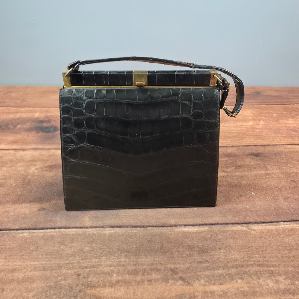 Bellestone Handbag Womens Medium Black Fair Vintage Crocodile Top Handle Bag